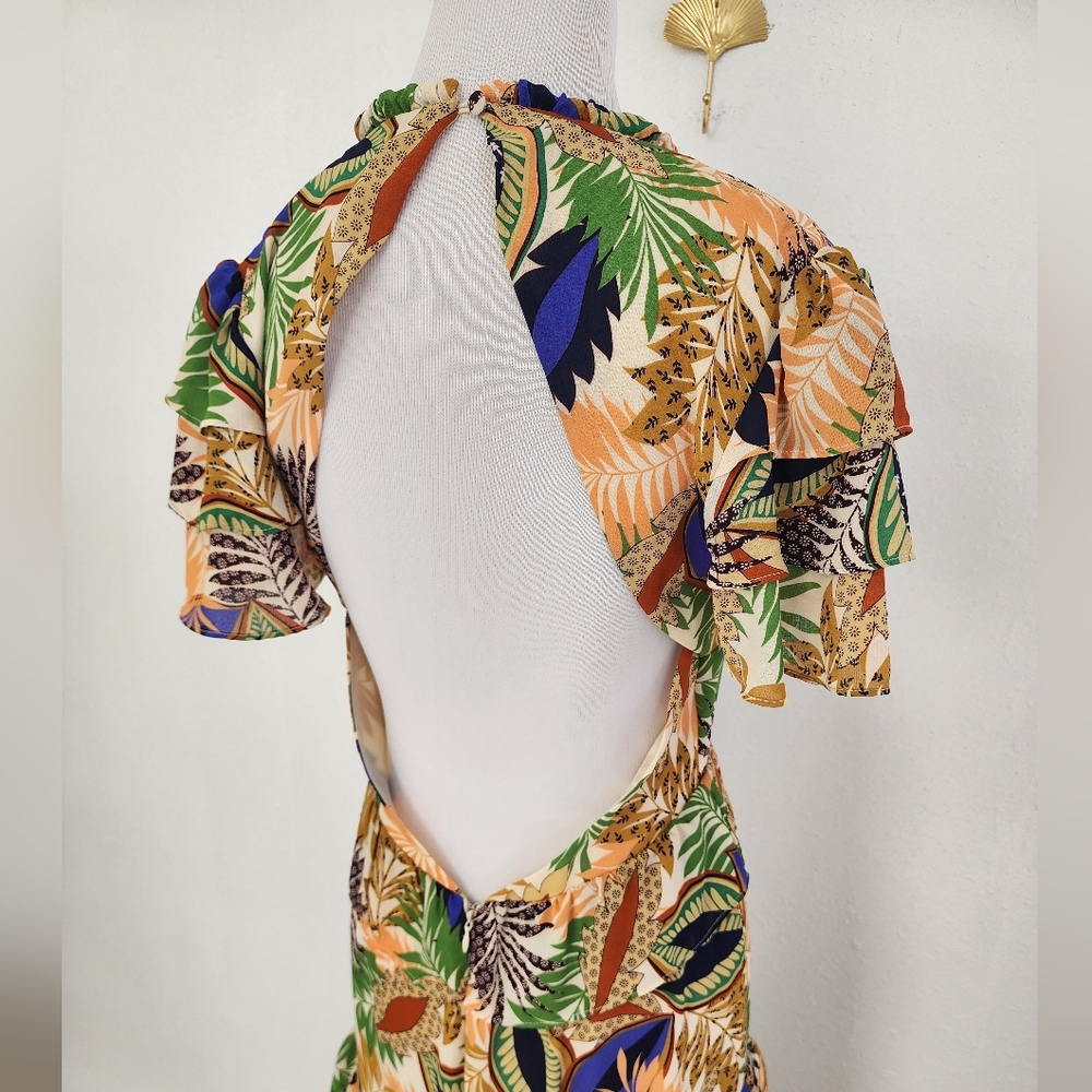 Glamorous Multicolor Floral Dress Leaf Print Open Back Maxi Dress Size 6 - Picture 6 of 10
